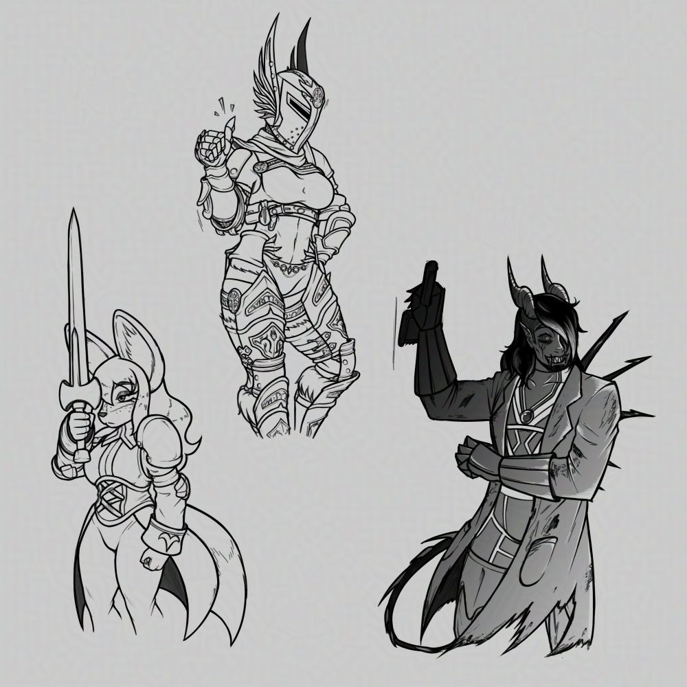 Desenho de três personagens: uma mulher-feneco antropomórfica de armadura (esquerda do quadro), uma guerreira (topo) e um cientista maluco demoníaco (direita do quadro)
--
Drawings of three characters: an anthro fennec woman with a sword and armor (left of the canvas), a knightess (top of the canvas) and a demonic-looking mad scientist (right of the canvas)