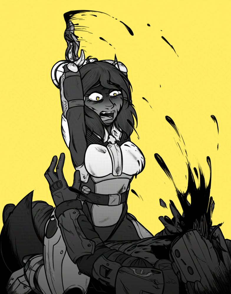 Desenho da Camila em cima de um soldado Omega-1. Ela está esfaqueando ele logo na cara usando a sua adaga ondulada, que se assemelha a uma adaga do estilo kris. Sangue jorra pra fora do capacete do soldado, cobrindo a Camila, que apresenta sinais de luta devido ao dano na armadura dela. A expressão no rosto da Camila é de total desespero: ela grita, seus olhos se enchem de lágrimas, e suas iris estão uma cor amarela bem suspeita, indicando que ela está sob algum efeito ao fazer isso.
--
Drawing of Camila on top of an Omega-1 soldier. She's stabbing him in the face using her wavy dagger, which is similar to a kris dagger. Blood pours out from the soldier's helmet, covering Camila, who herself shows signs of struggle with the damage done to her armor. The expression on Camila's face is of pure despair: she screams, tears build up on her eyes, and her irises show a suspicious shade of yellow, indicating she is doing all of this under some kind of influence.
