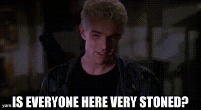 A gif of Spike from Buffy the Vampire Slayer saying, "is everyone here very stoned?"