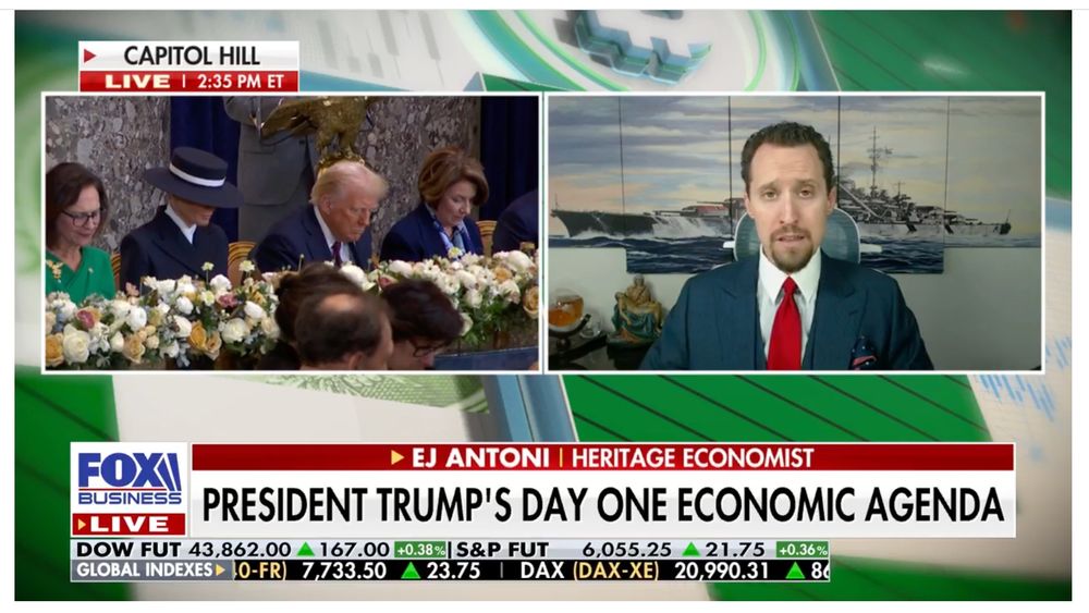 Screenshot of a Fox Business News broadcast on Inauguration Day 2025, where EJ Antoni has Nazi battleship art on his wall. 