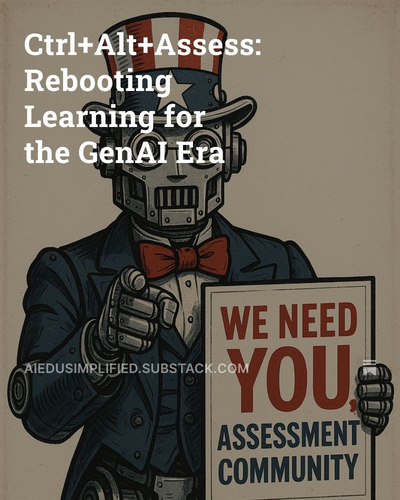 A retro-style illustration of a robot dressed as Uncle Sam is pointing forward while holding a sign. The robot wears a dark blue suit, red bowtie, and a stars-and-stripes top hat. Text on the sign reads: “WE NEED YOU, ASSESSMENT COMMUNITY.” Overlaid on the upper left is the title text: “Ctrl+Alt+Assess: Rebooting Learning for the GenAI Era.” The image mimics classic U.S. Army recruitment posters, reimagined for the generative AI and education assessment context.