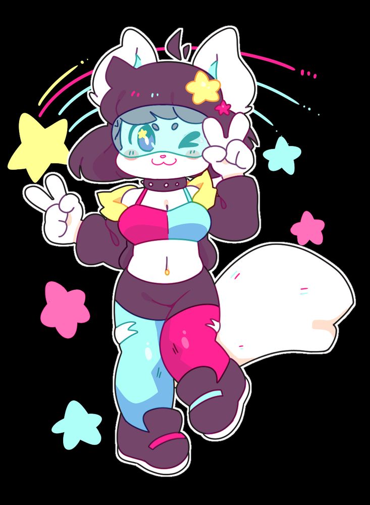 Lana'i holding peace signs with both of her hands and winking. The background has a shooting star and other stars below it.