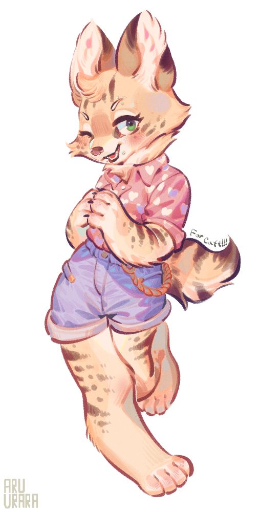 Zosma walking towards the viewer, with her hands by her chest and winking. The text "For caff!!!" is above her tail and "aruurara" in the lower left corner.