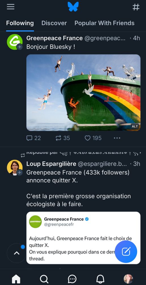Ma tl vu à l’instant message de greenpeacefrance disant bonjour bluesky et juste en dessous ce post 