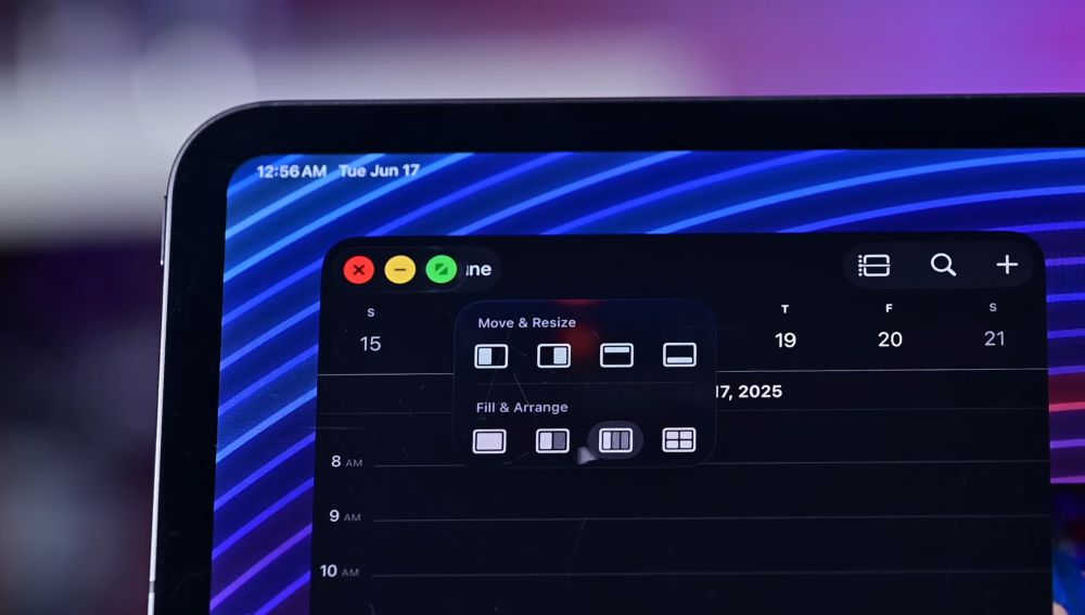 Screenshot from AppleInsider video "iPad Multitasking Just Got Crazy Good!" on YouTube showing new iPadOS 26 multitasking layout options including "three column" arrangement.