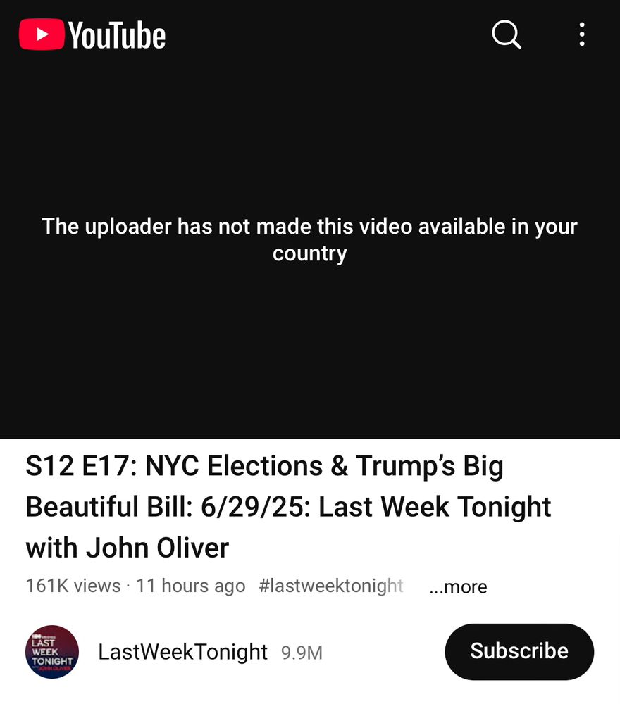 Screenshot of YouTube with error message "The uploader has not made this video available in your country".