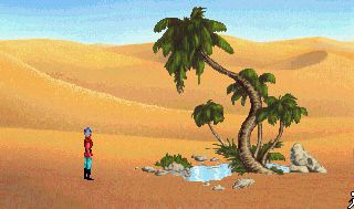 Screenshot of video game "King's Quest V" showing a desert scene and a small oasis.