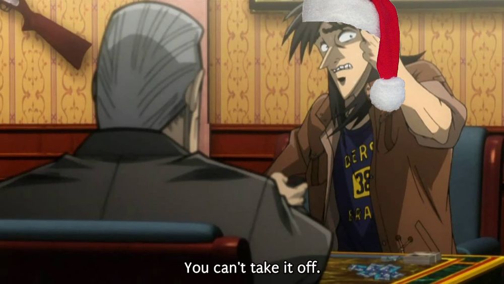 Kaiji looking distressed by the Santa hat he's wearing while Tonegawa says "You can't take it off."