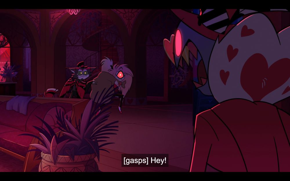 Val yelling "Hey!" at Husk and Cherri lugging Angel away in a burlap sack