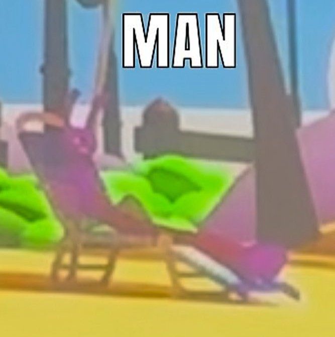 Jax sitting on a beach chair with an unreadable expression from the Digital Circus episode 7 preview; above him is text written in Impact font reading "MAN"