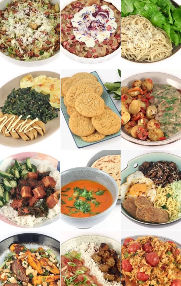 A dozen colourful and varied vegetarian home-cooked meals.