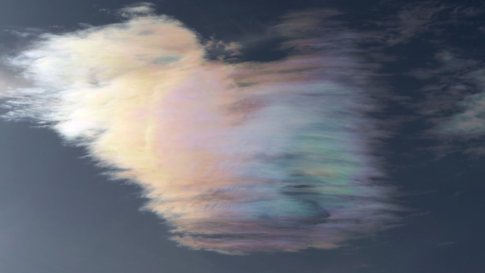 Das Bild zeigt eine irisierende Wolke am Himmel. Die Wolke ist in zarten Pastellfarben eingefärbt, die von Rosa über Gelb bis hin zu Grün und Blau reichen. Diese schillernden Farben entstehen durch die Lichtbeugung oder Interferenz in den kleinen Wassertröpfchen oder Eiskristallen der Wolke. Der Hintergrund des Bildes ist ein dunkler Himmel, was den Kontrast und die Farben der Wolke noch stärker hervorhebt.