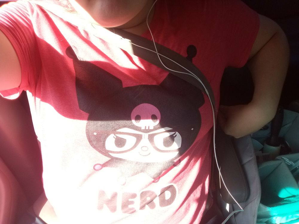 Kuromi shirt reading NERD. Also my boobs are big sorry it's impossible to see in this shot