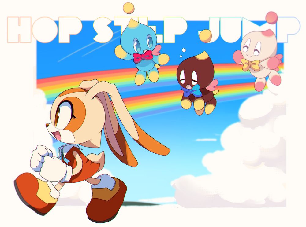 Cream the rabbit walking to the left, followed by Cheese, Chocola and Milk the chao.