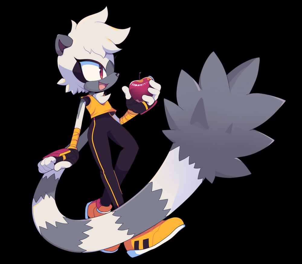 Image of Tangle the Lemur looking to the right while holding a red apple. 