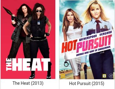 The image shows two movie posters side-by-side.

On the left is the poster for "The Heat" (2013) starring Sandra Bullock and Melissa McCarthy. It features the two women standing against a red background.

Melissa McCarthy has long dark hair, is wearing a black shirt, a bulletproof vest, and dark pants. She is holding a long black rocket launcher. 

Sandra Bullock has short dark hair, and is wearing sunglasses, a black shirt, a black jacket, and dark pants, with a badge hanging from her neck.

The movie title "The Heat" is written in large white all caps across the bottom of the poster.

On the right is the poster for "Hot Pursuit" (2015), starring Sofía Vergara and Reese Witherspoon. It features the two women standing side-by-side against a country road background. 

Sofía Vergara has long, light brown hair, is wearing a fitted white dress, and carrying handcuffs.

Reese Witherspoon has mid-length blond hair, is wearing a police uniform, and holding a handgun.

The movie title "Hot Pursuit" is written in large pink and white all caps across the center of the poster.