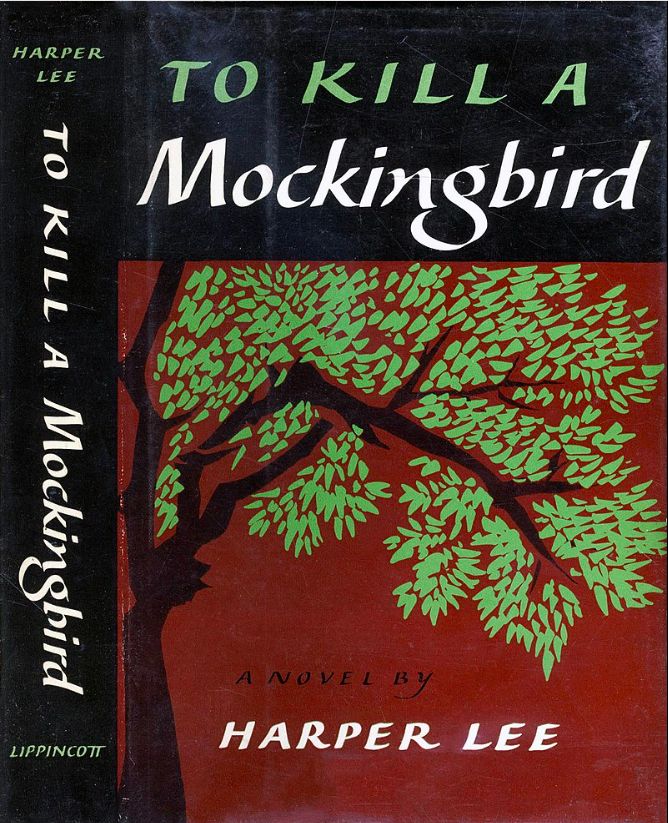 First-edition cover of To Kill a Mockingbird (1960) by the American author Harper Lee. Design Description: The cover is vertically split into two primary sections. The top section, taking up about one-third of the cover, has a black background with the title written in stylised text: 