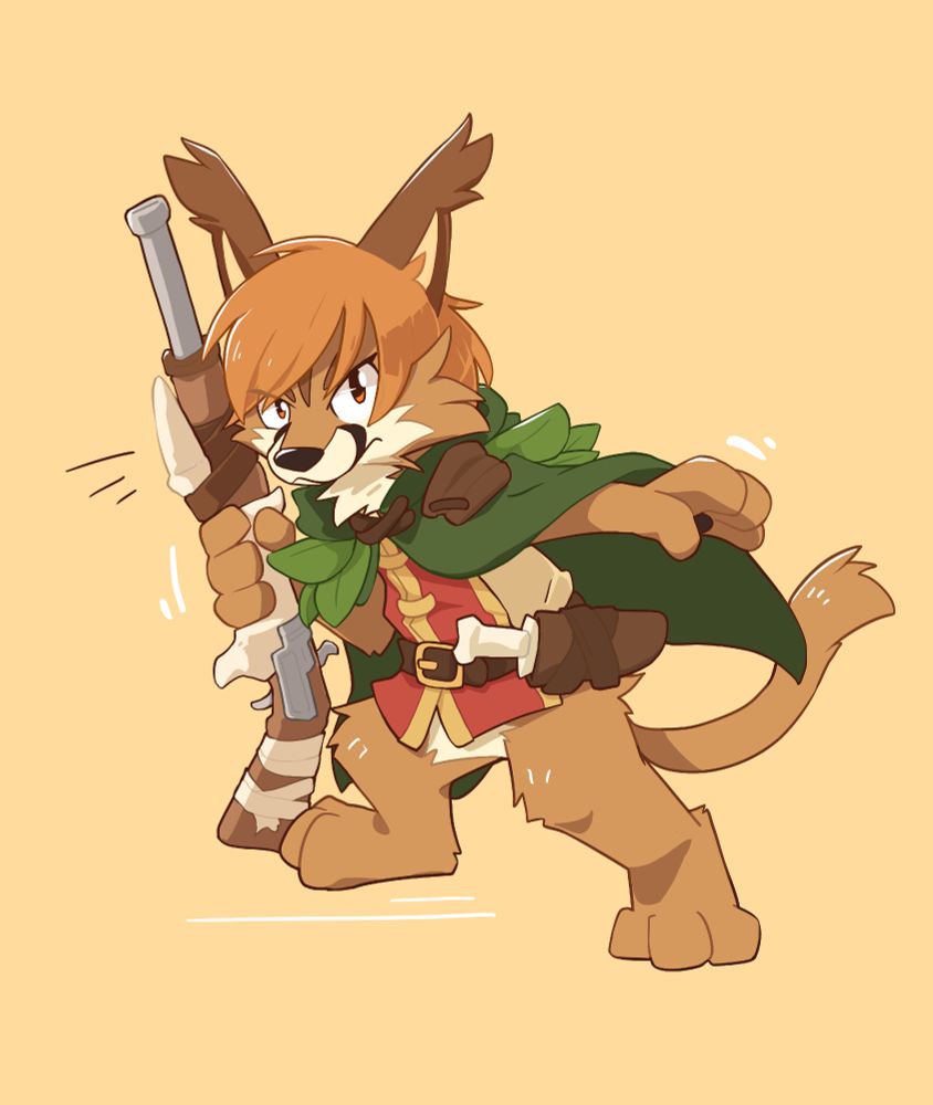 A caracal, Selka, holding a rifle made from various bones, leathers and animal parts. She's wearing a green cloak made additional leather and plant-like material. At her side is a dagger in its sheath. She is standing in an aggressive pose with piercing eyes, ready to fight.