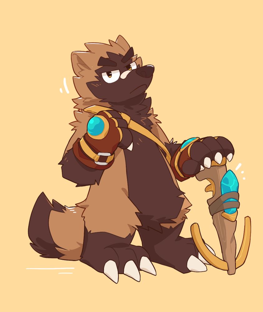 A wolverine, Tasso Feldspar, posing with a serious expression. One paw is resting on his crossbow, balanced nose first against the ground. His gloves feature a similar crystal as the one mounted on the crossbow.