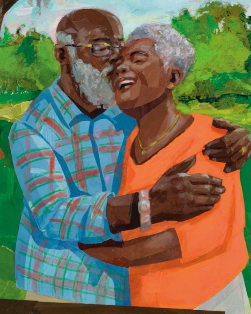 Scene from The Gathering Table. Illustrated by London Ladd. A grandad and a grandmother embrace.