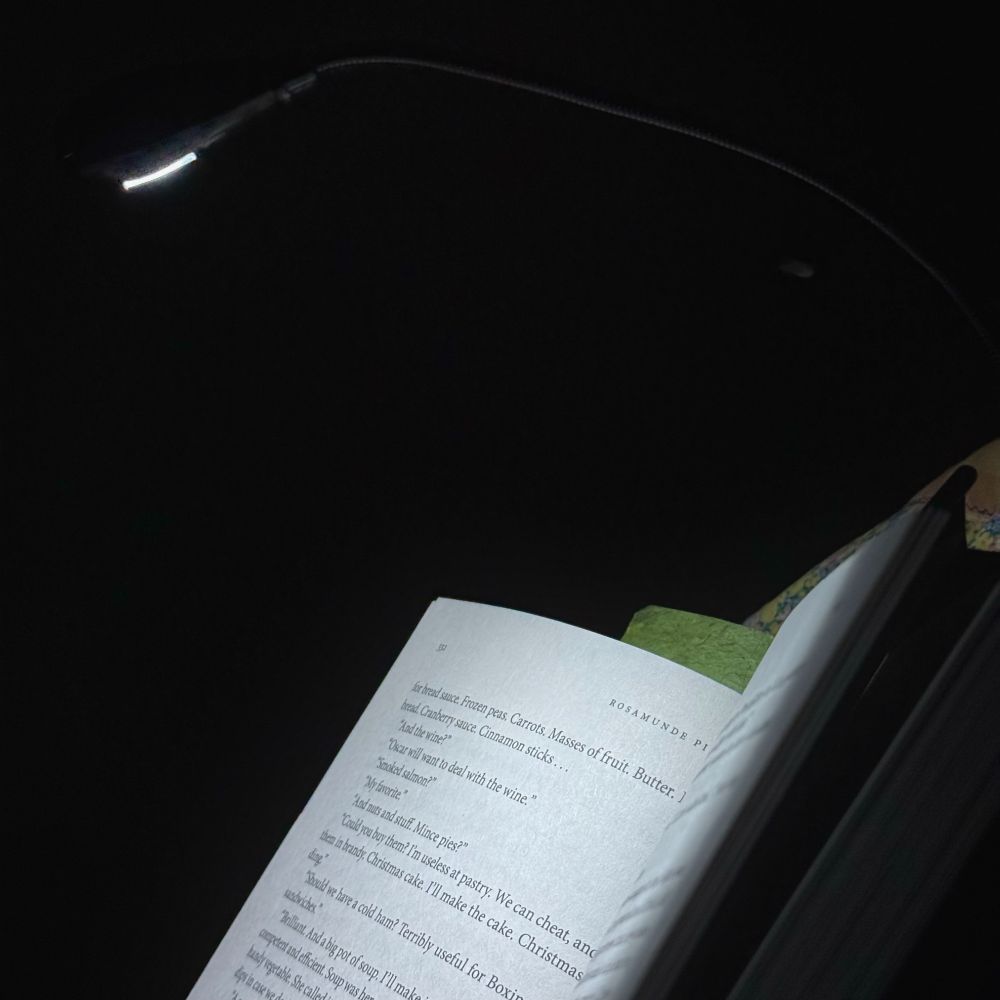  A high-angle, close-up shot of an open book illuminated by a small, flexible clip-on light. The light source, with a bright white bulb, is attached to the book cover and arches over the pages. The surrounding background is completely dark, drawing all focus to the brightly lit pages, which have printed words by novelist Rosamunde Pilcher.