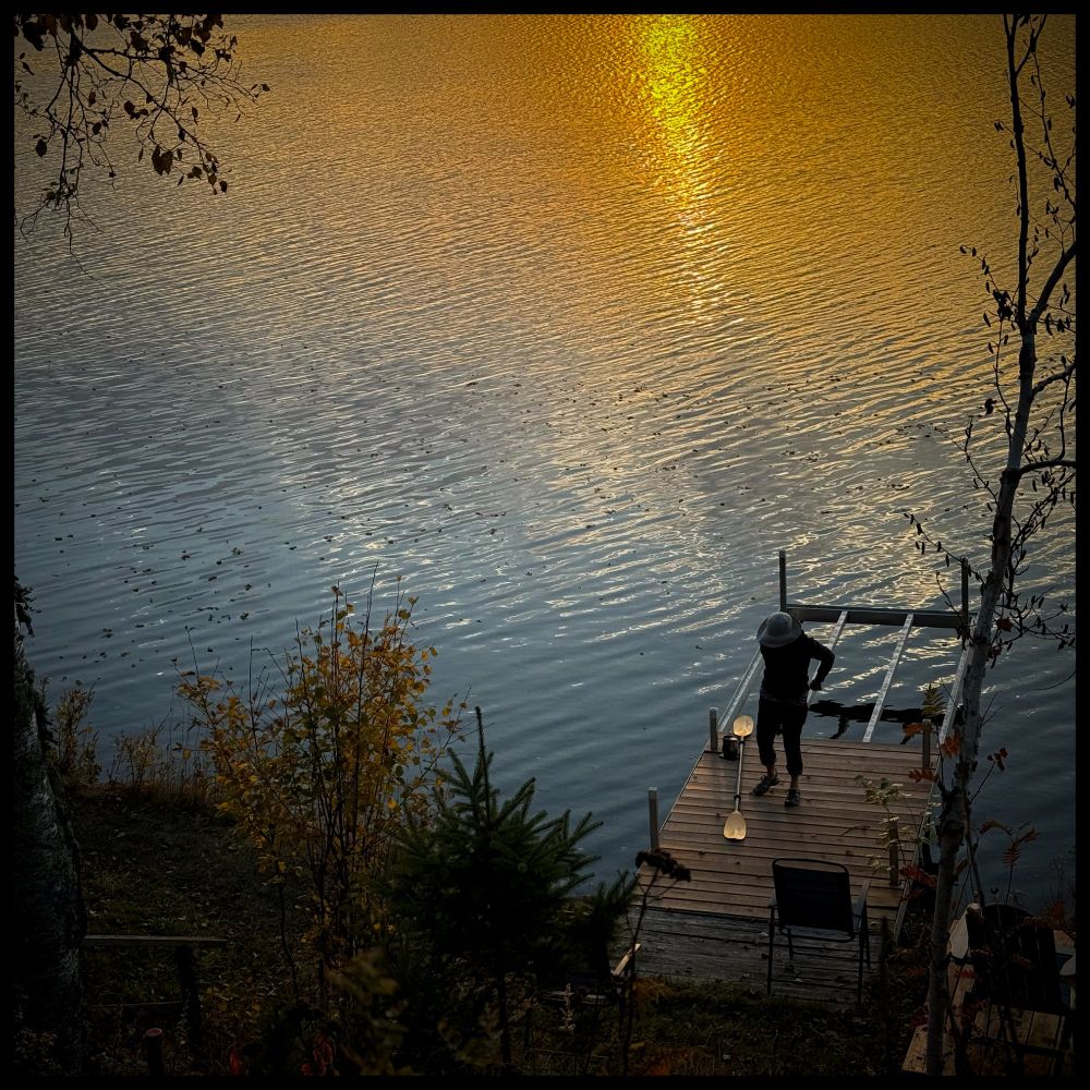 An elevated view of a person wearing a wide-brimmed hat, standing on a wooden dock that extends into a calm lake. The water reflects the golden light of the low sun, creating a shimmering path. The trees on the shoreline are beginning to show autumn colors.