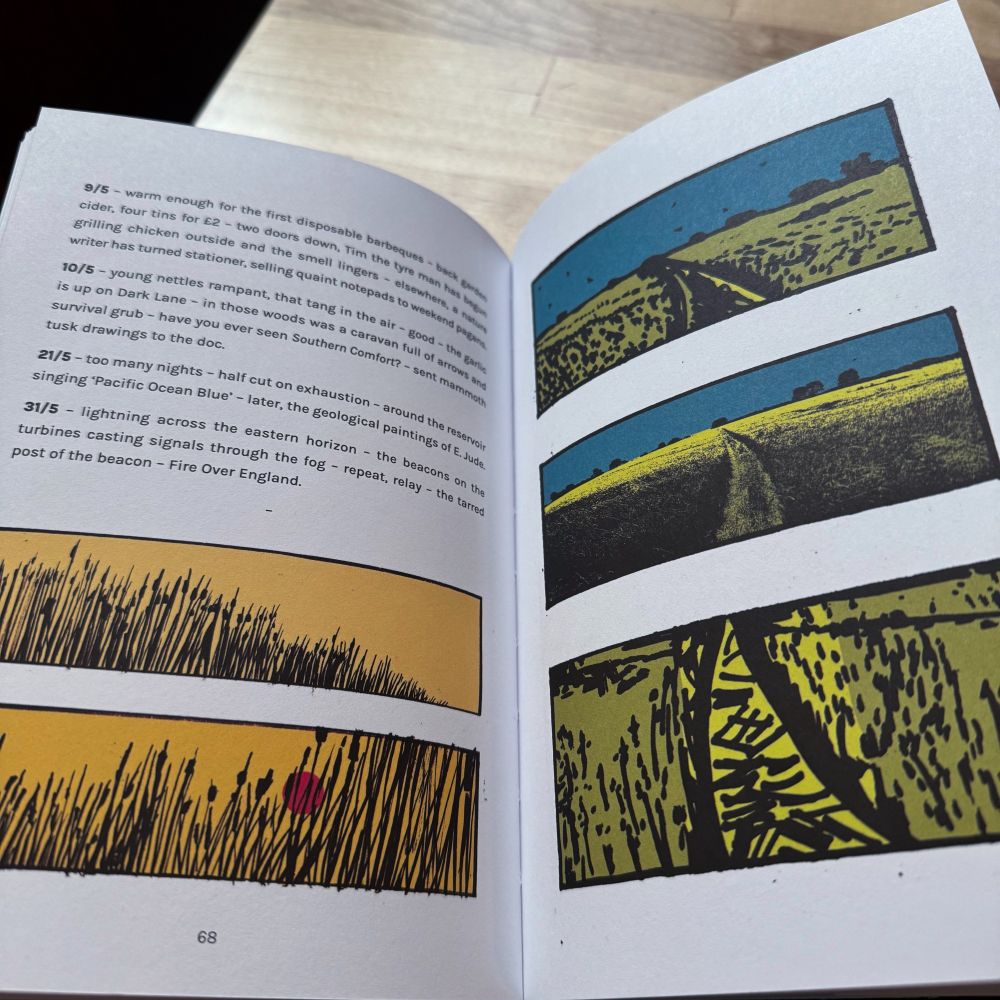 Interior view of two pages in "Field Notes - Walking the Territory" by Maxim Peter Griffin has text and four of Griffin's horizontally framed landscapes.