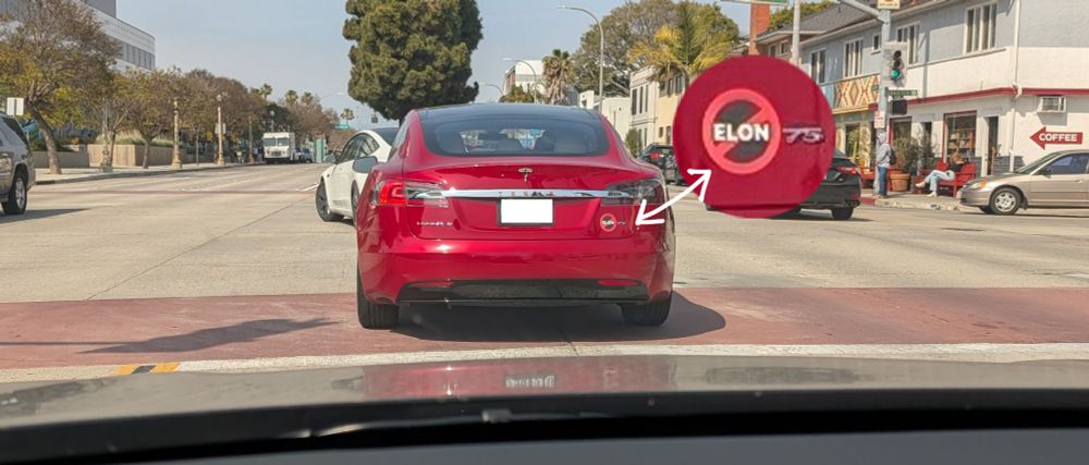 A Tesla with a back bumper sticker that is "anti-Elon."