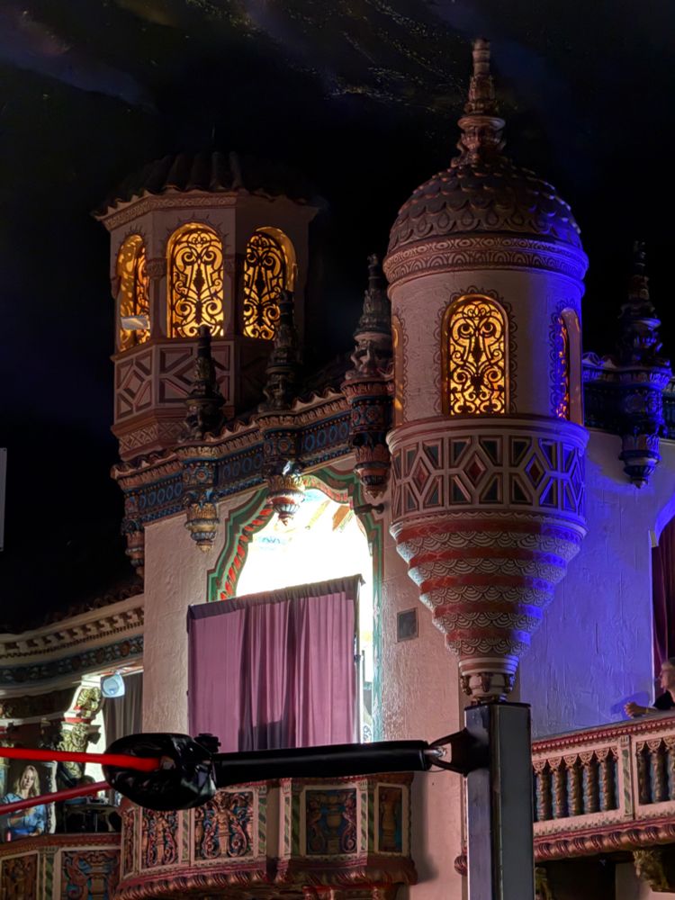 Spires reminiscent of a fairy castle with backlit iron “windows” at the Aragon Ballroom in Chicago. 