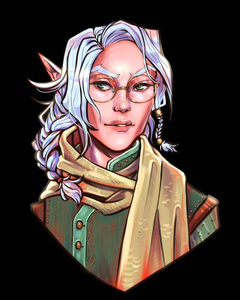 An elven man with light skin, white hair, and glasses. He wears a green scholarly coat with a yellow scarf.