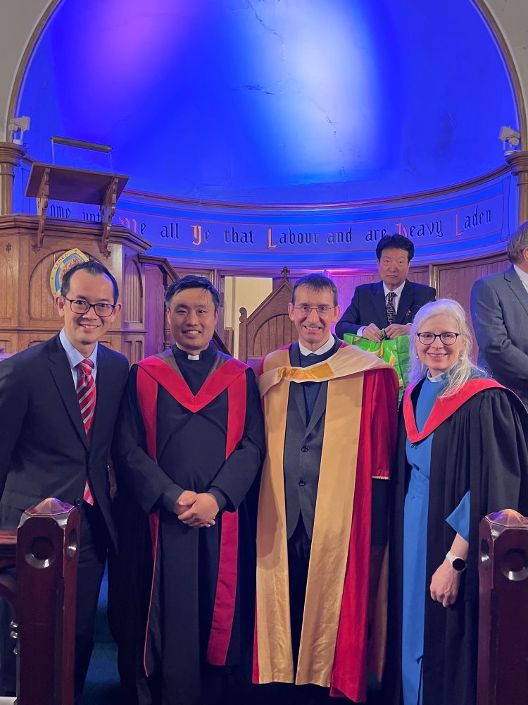 Photo of Alexander Chow, Junsoo Park, Jeremy Carrette (Head of School), and Alison Jack (Principal of New College). 