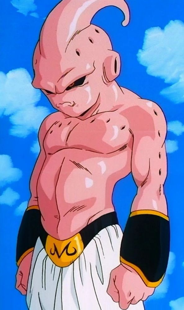 Majin 
oo, personagem de Dragon Ball de perfil, com punhos cerrados e cara de bravo. 