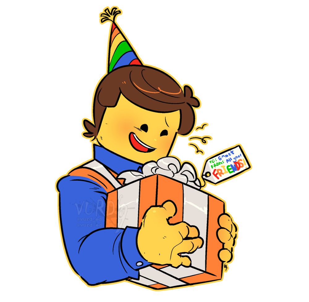 A bust drawing of the character Emmet from The Lego Movie. He is smiling with a surprised and shy expression as he holds a large orange gift box wrapped in a white bow. A tag on the gift reads: TO: Emmet FROM: All your FRIENDS! Emmet is wearing a rainbow colored party hat on his head. The lines are done in a pixel style.