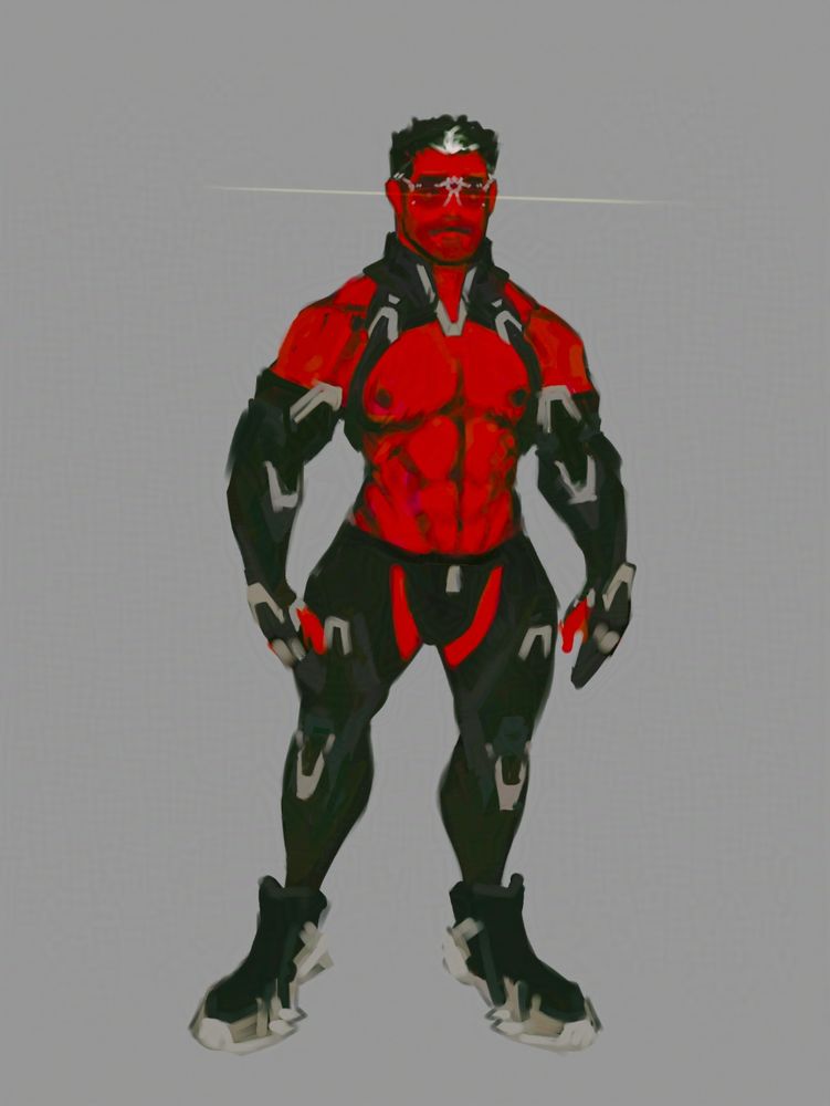 Red demon with black clothing and sunglasses. He has a 5o clock shadow and silver accented sunglasses. His hair is black with a small white streak in the front. He is wearing a harness, arm covers, and black pants with cut outs. Silver mechanical accents are all over his clothing and he has top surgery scars under his pecs