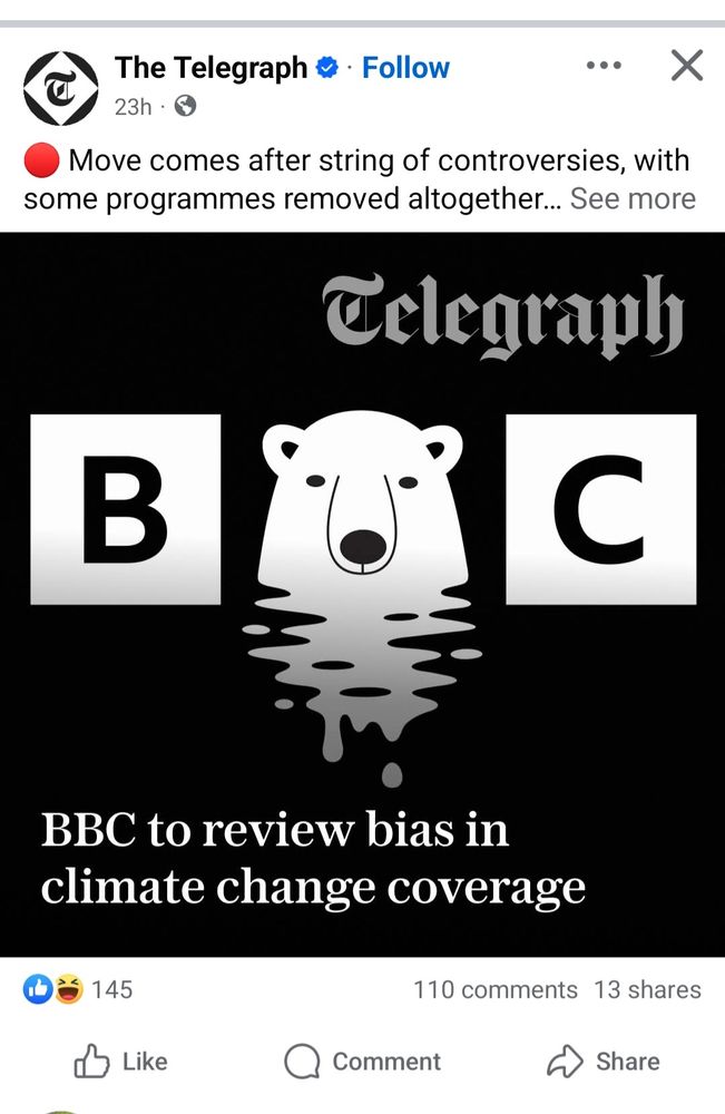 A screenshot from Facebook of The Telegraph posting that the "BBC to review bias in climate change coverage" after "string of controversies". (This comes the same day two senior figures left the BBC for a controversial edit that implied that Trump supported the insurrection he definitely supported).