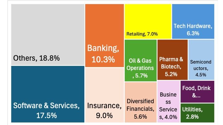Sectoral distribution of profits of US firms in the 2025 Forbes global 2000 list. FG2k's categories; refers to year 2024.