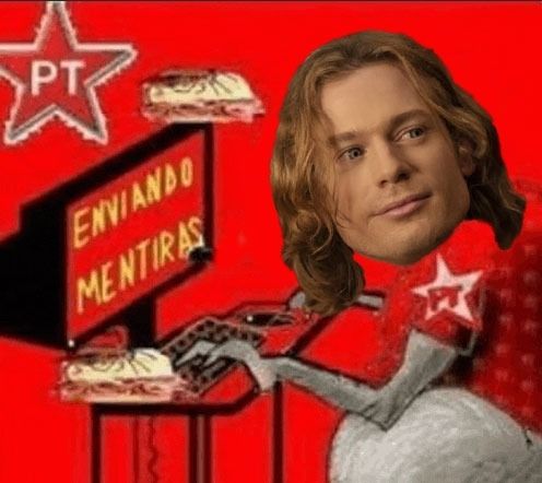 cabeça do Lestat (ator Sam Reid) no lugar da cabeça do rato do PT, do meme "enviando mentiras"