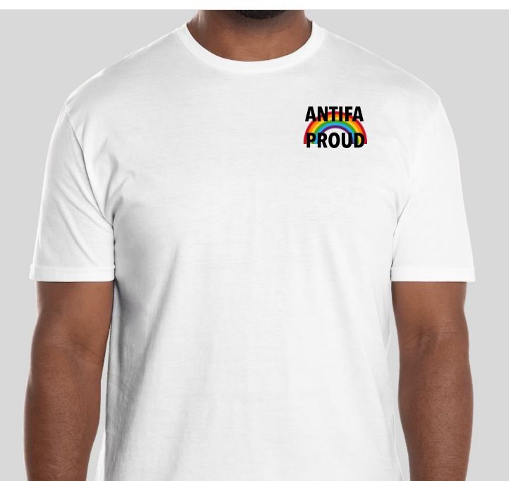 white all-cotton t-shirt with rainbow badge on left breast with black block letters reading "ANTIFA PROUD"
