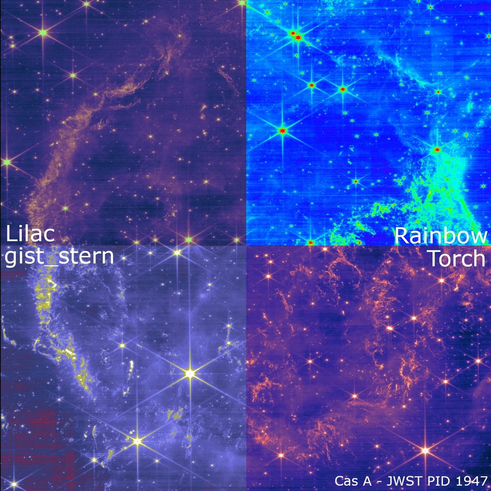 Cassiopeia A as observed from JWST, shown using four different color maps, clockwise from top left: lilac (cmasher), rainbow (matplotlib), torch (cmasher), gist_stern (matplotlib)