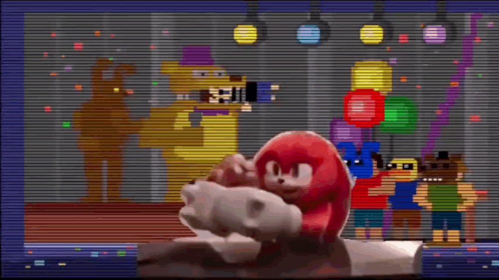 a video game screen shows a group of cartoon characters including freddy and knuckles