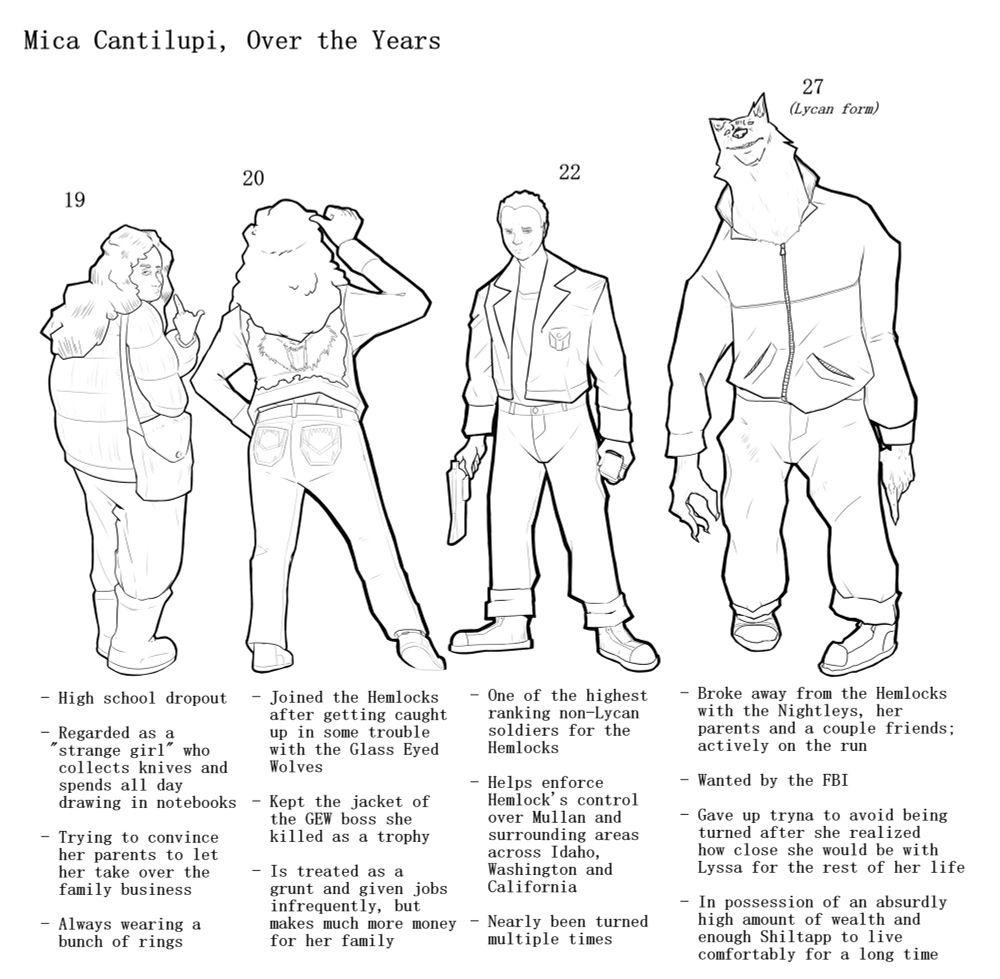 Lineart of my character, Mica Cantilupi, from the ages of 19, 20, 22 and 27