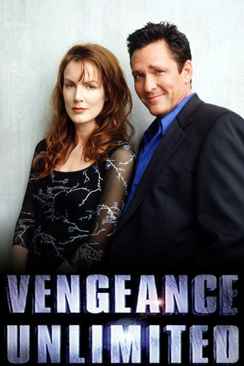 Poster of Michael Madden and Kathleen York with blue block lettering of Vengeance Unlimited