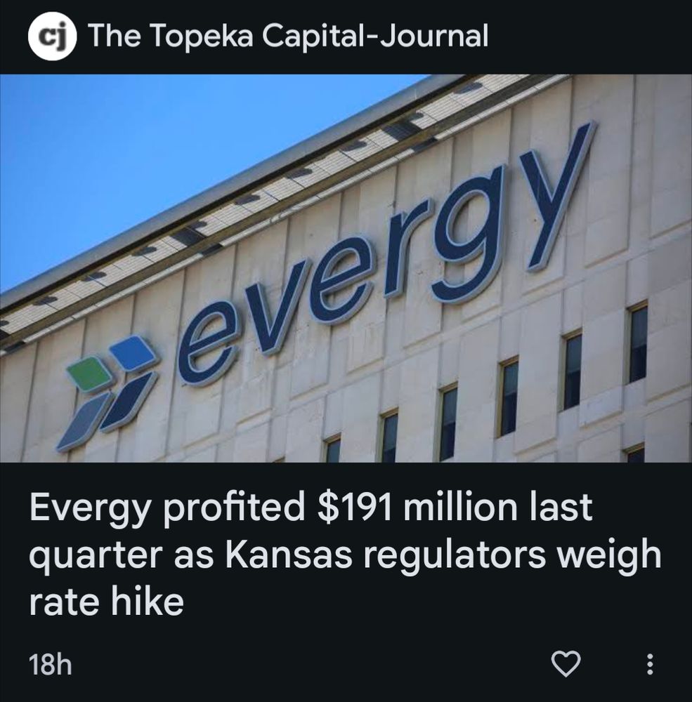 A news feed card about the Kansas energy utility company, entitled "Evergy profited $191 million last quarter as Kansas regulators weigh rate hike"