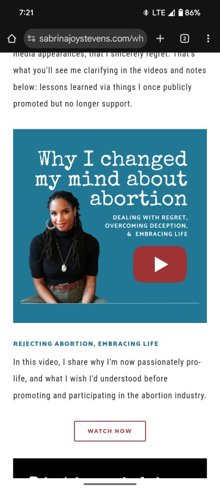 A screenshot of Sabrina's website where she briefly pitches her video about why she changed her mind and became anti-abortion.