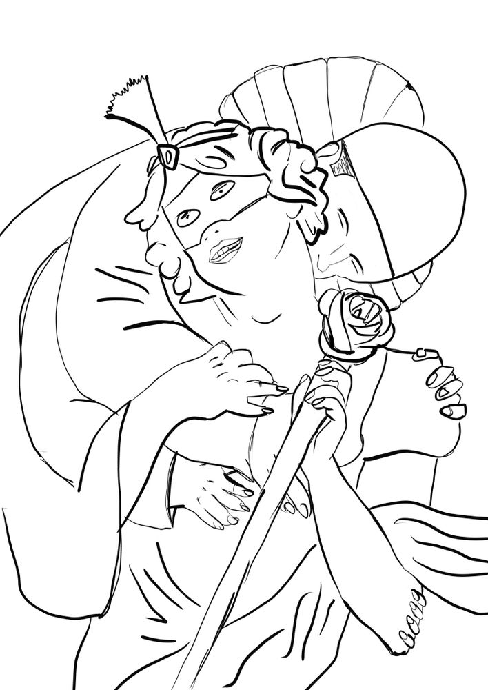 A noblewoman laughing while a four armed masked man kissed her neck. 