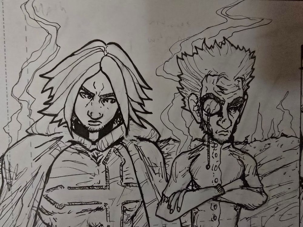 A WIP comic panel of a very stern looking young priest type standing next his spikey-haired pal. They are hanging out on a smoking field of some sort. The art is fair to midling to be honest lol.
