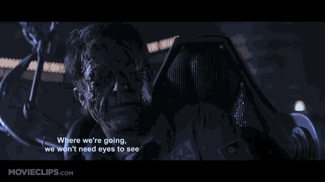 creepy shot of sam neill's character from event horizon, eyes gouged out, saying, where we're going, we won't need eyes to see