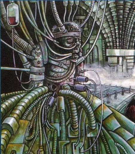 Warhammer 40k shitty illustration of an ancient body connected to a million machines keeping it alive