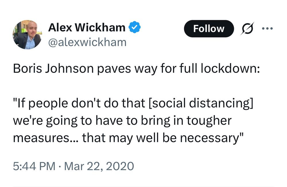 A post on X (then Twitter) by political hack Alex Wickham advising of government threat to take stronger measures to mitigate COVID spread- posted prior to lock down on 29th March 2020