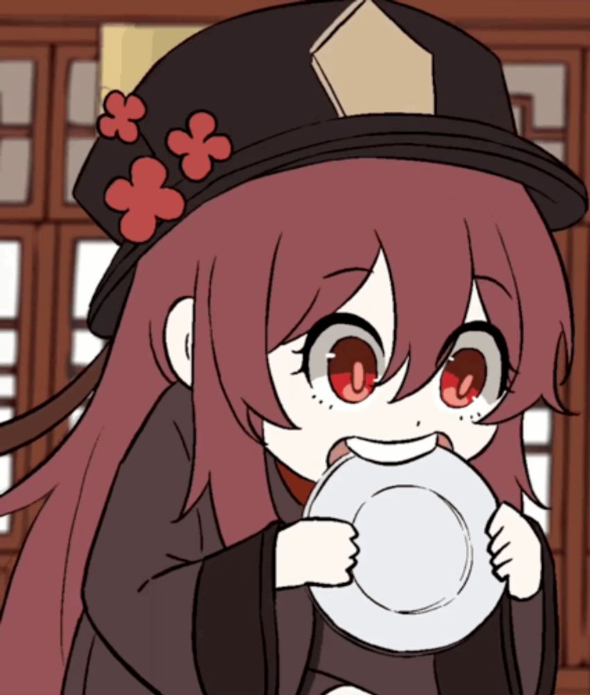 a cartoon girl with red hair and red eyes is holding a plate in her hands